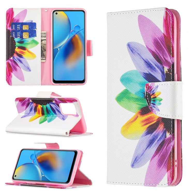 Pattern Printing Textured Leather Wallet Stand Case with Magnetic Clasp Closure for Oppo A74 4G/F19 4G - Sunflower