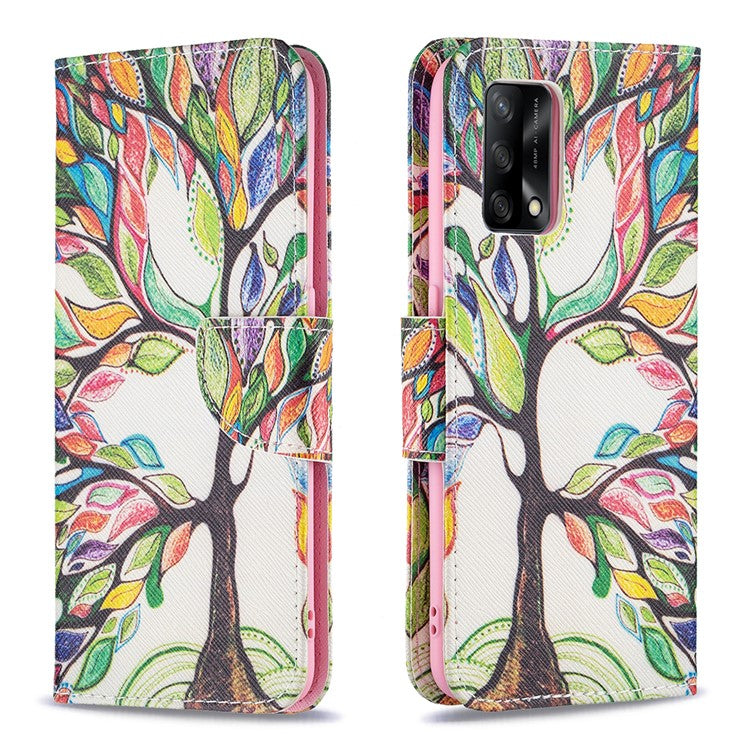 Pattern Printing Textured Leather Wallet Stand Case with Magnetic Clasp Closure for Oppo A74 4G/F19 4G - Life Tree