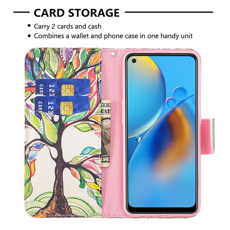 Pattern Printing Textured Leather Wallet Stand Case with Magnetic Clasp Closure for Oppo A74 4G/F19 4G - Life Tree