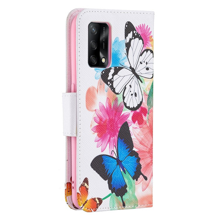 Pattern Printing Textured Leather Wallet Stand Case with Magnetic Clasp Closure for Oppo A74 4G/F19 4G - Vivid Butterflies