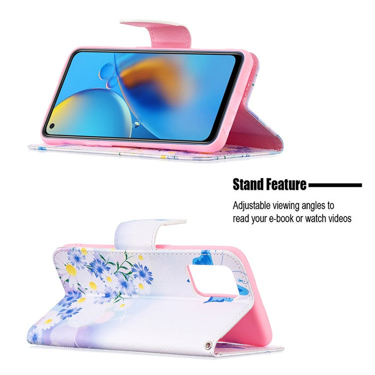 Pattern Printing Textured Leather Wallet Stand Case with Magnetic Clasp Closure for Oppo A74 4G/F19 4G - Blue Butterflies and Flowers