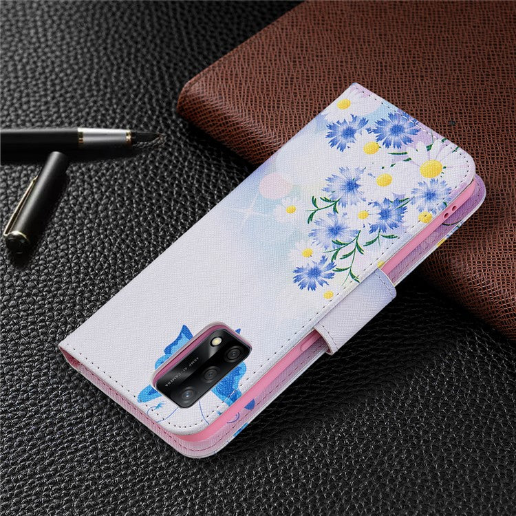 Pattern Printing Textured Leather Wallet Stand Case with Magnetic Clasp Closure for Oppo A74 4G/F19 4G - Blue Butterflies and Flowers