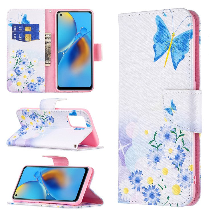 Pattern Printing Textured Leather Wallet Stand Case with Magnetic Clasp Closure for Oppo A74 4G/F19 4G - Blue Butterflies and Flowers