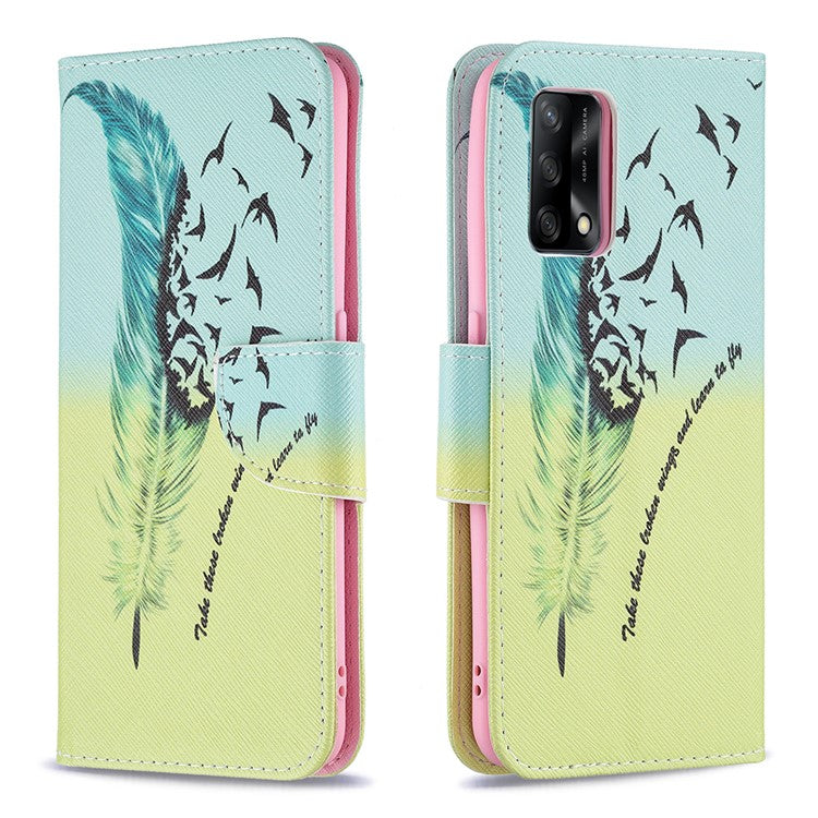 Pattern Printing Textured Leather Wallet Stand Case with Magnetic Clasp Closure for Oppo A74 4G/F19 4G - Feather/Bird Pattern