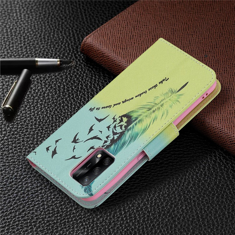Pattern Printing Textured Leather Wallet Stand Case with Magnetic Clasp Closure for Oppo A74 4G/F19 4G - Feather/Bird Pattern