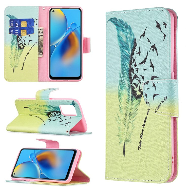 Pattern Printing Textured Leather Wallet Stand Case with Magnetic Clasp Closure for Oppo A74 4G/F19 4G - Feather/Bird Pattern