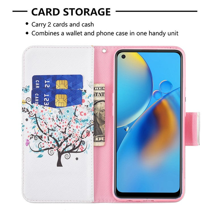 Pattern Printing Textured Leather Wallet Stand Case with Magnetic Clasp Closure for Oppo A74 4G/F19 4G - Flower Tree