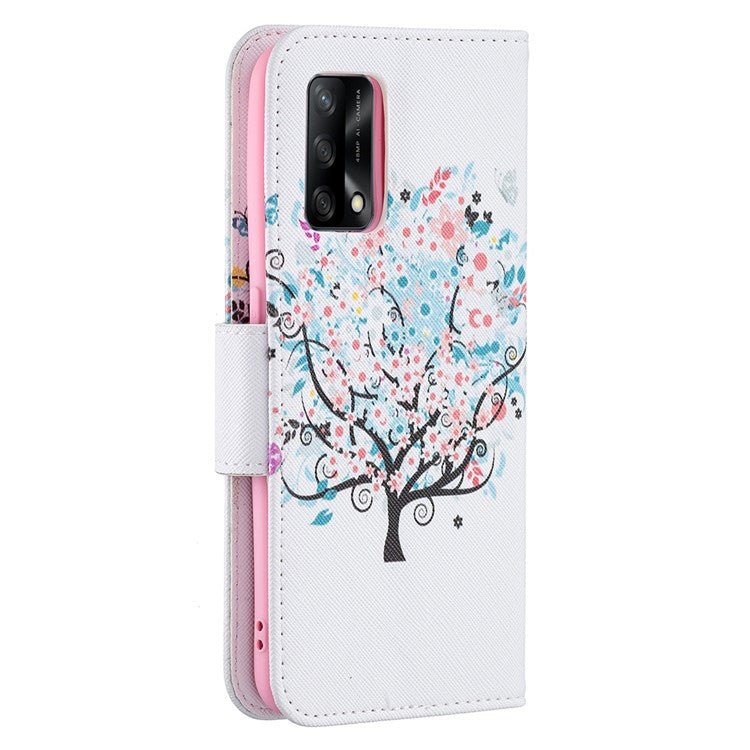 Pattern Printing Textured Leather Wallet Stand Case with Magnetic Clasp Closure for Oppo A74 4G/F19 4G - Flower Tree