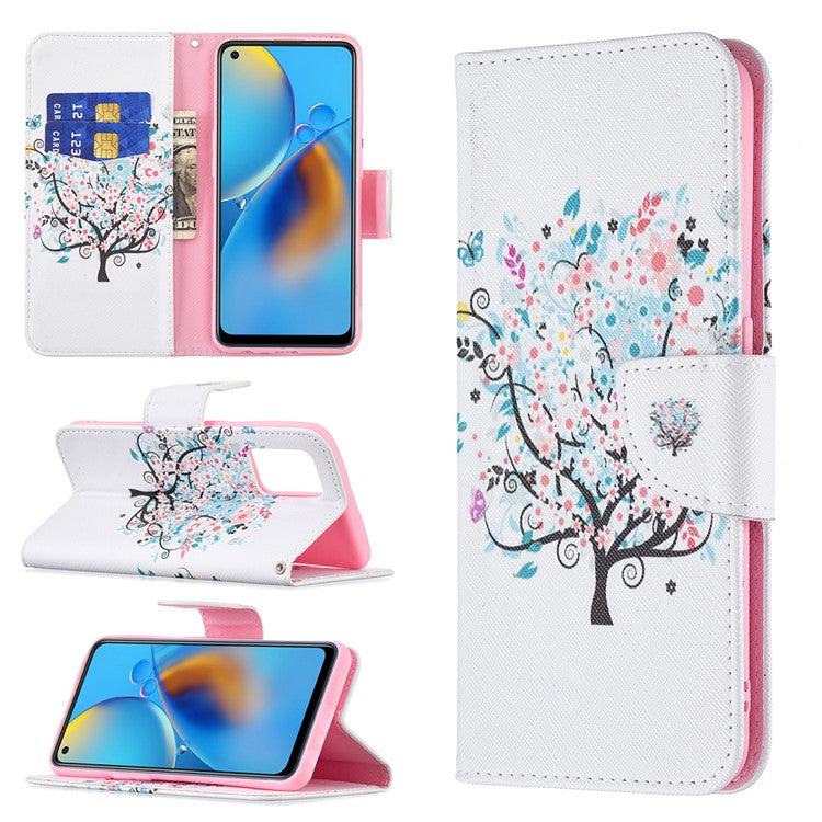 Pattern Printing Textured Leather Wallet Stand Case with Magnetic Clasp Closure for Oppo A74 4G/F19 4G - Flower Tree