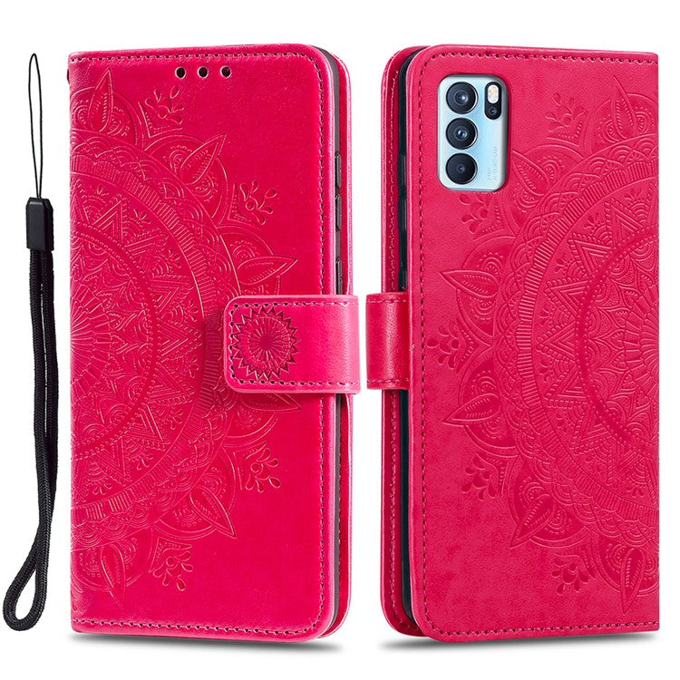 PU Leather Imprinted Mandala Pattern Wallet Stand Case with Strap for Oppo Reno6 Pro 5G (MediaTek) - Red