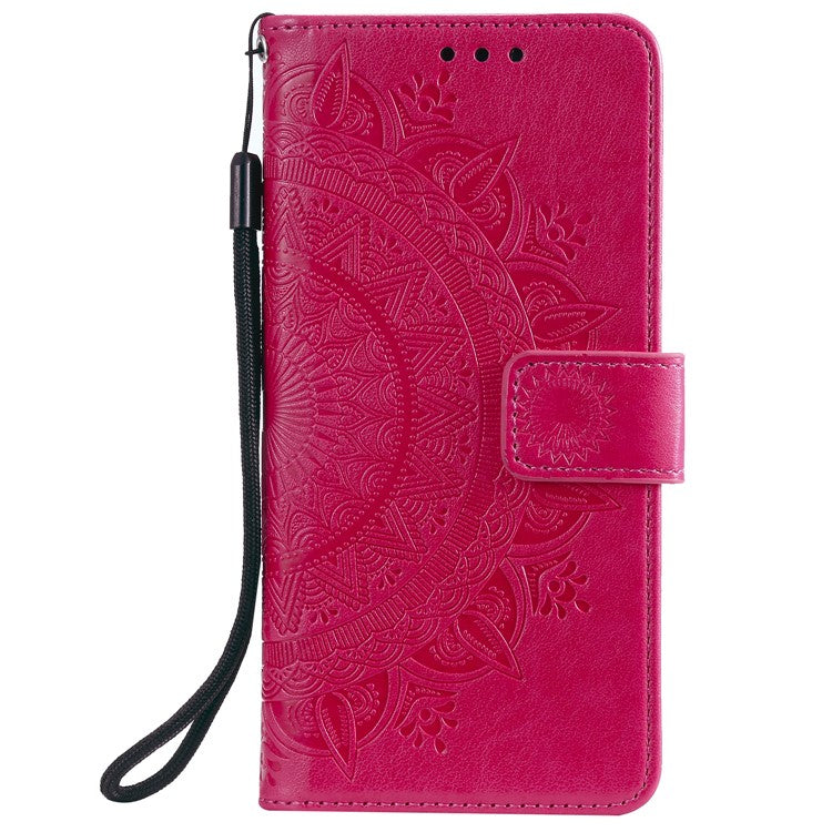 PU Leather Imprinted Mandala Pattern Wallet Stand Case with Strap for Oppo Reno6 Pro 5G (MediaTek) - Red