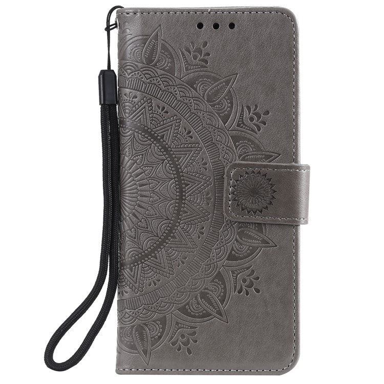 Phone Case Cover PU Leather Imprinted Mandala Pattern Wallet Stand Case for Oppo Reno6 5G - Grey