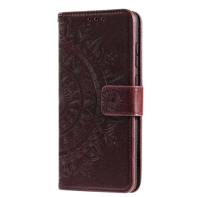 Phone Case Cover PU Leather Imprinted Mandala Pattern Wallet Stand Case for Oppo Reno6 5G - Brown