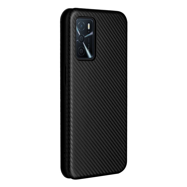 Magnetic Carbon Fiber Texture Design PU Leather Case with Card Slots and Ring Strap for Oppo A16/A16s/A54s - Black