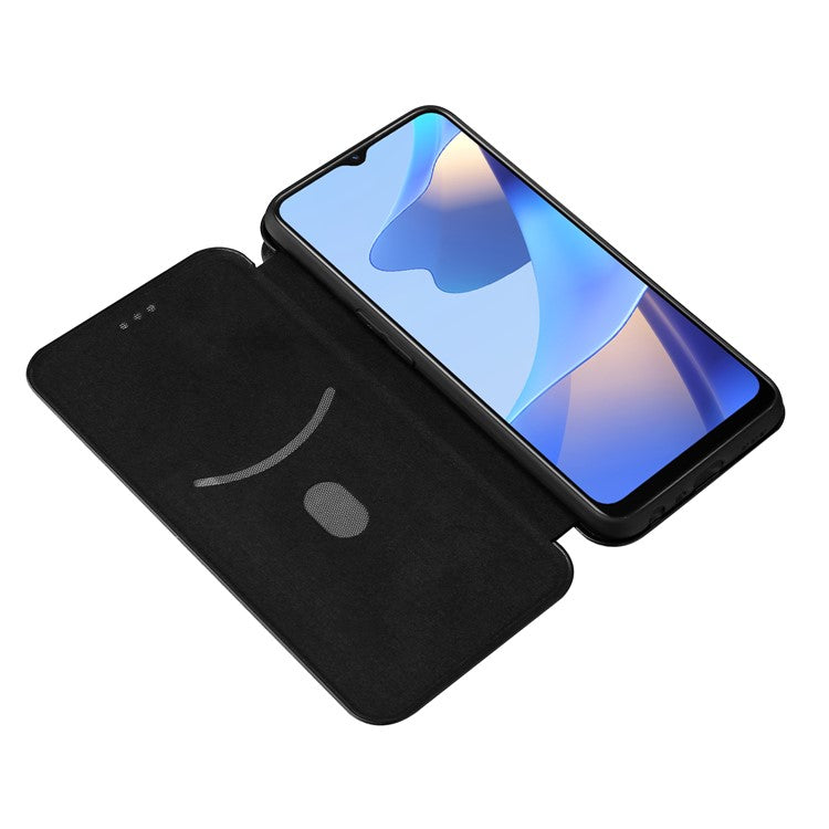 Magnetic Carbon Fiber Texture Design PU Leather Case with Card Slots and Ring Strap for Oppo A16/A16s/A54s - Black