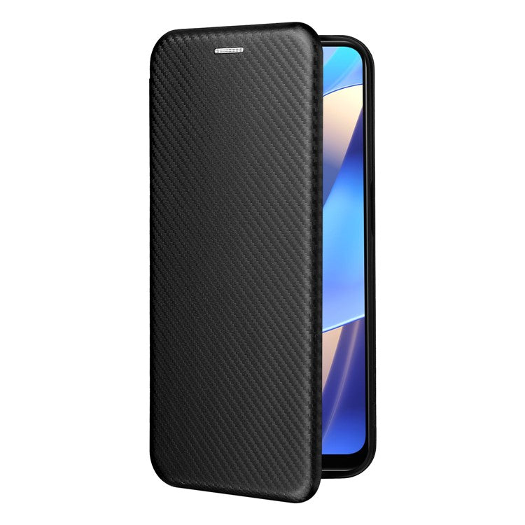Magnetic Carbon Fiber Texture Design PU Leather Case with Card Slots and Ring Strap for Oppo A16/A16s/A54s - Black