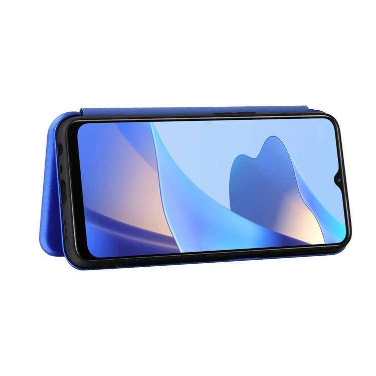 Magnetic Carbon Fiber Texture Design PU Leather Case with Card Slots and Ring Strap for Oppo A16/A16s/A54s - Blue