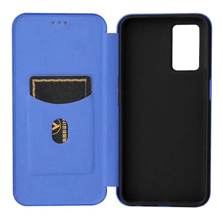 Magnetic Carbon Fiber Texture Design PU Leather Case with Card Slots and Ring Strap for Oppo A16/A16s/A54s - Blue