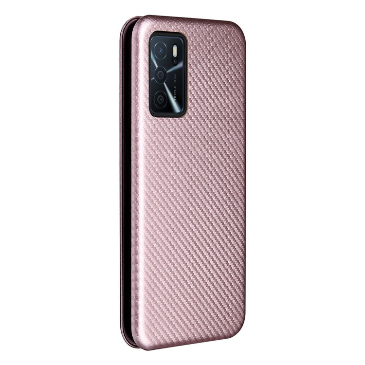 Magnetic Carbon Fiber Texture Design PU Leather Case with Card Slots and Ring Strap for Oppo A16/A16s/A54s - Rose Gold