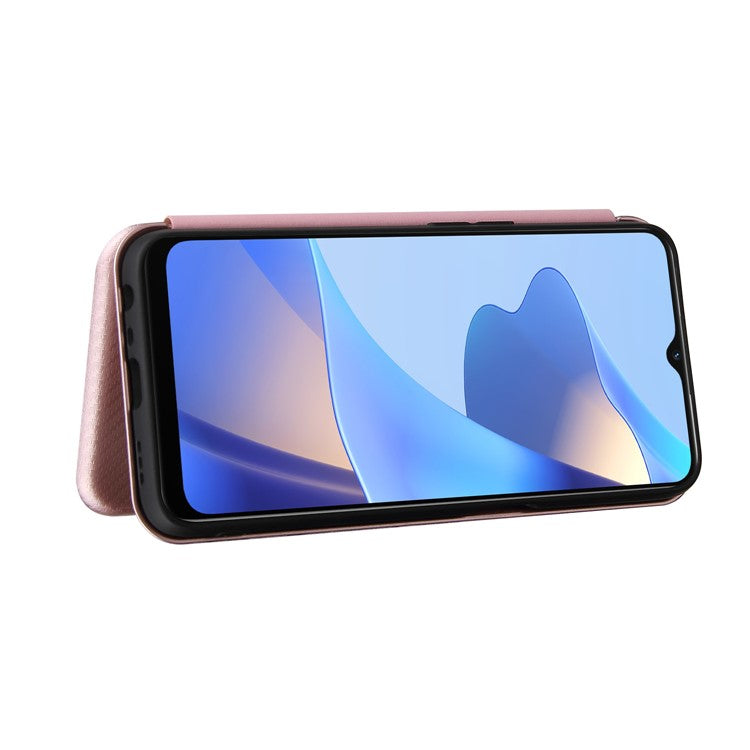 Magnetic Carbon Fiber Texture Design PU Leather Case with Card Slots and Ring Strap for Oppo A16/A16s/A54s - Rose Gold