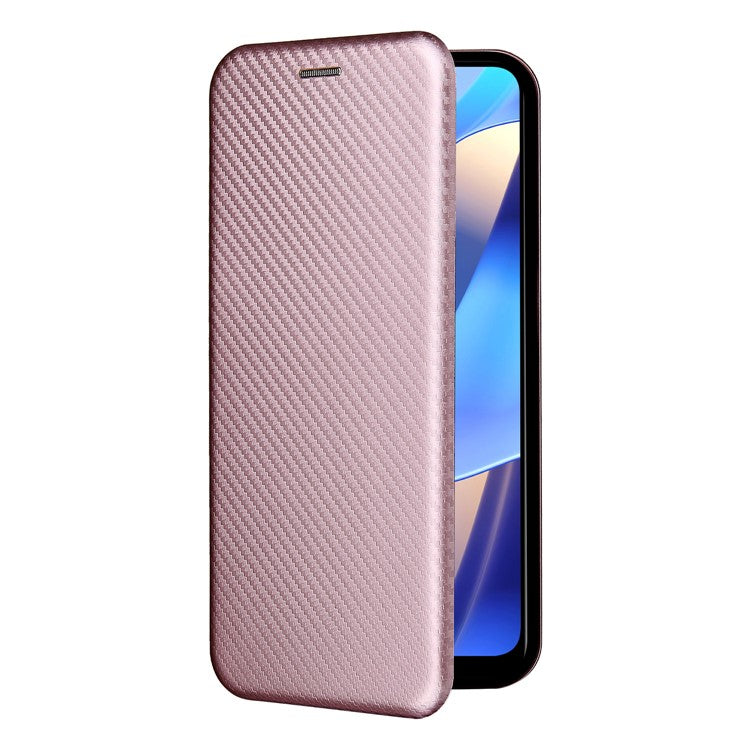 Magnetic Carbon Fiber Texture Design PU Leather Case with Card Slots and Ring Strap for Oppo A16/A16s/A54s - Rose Gold