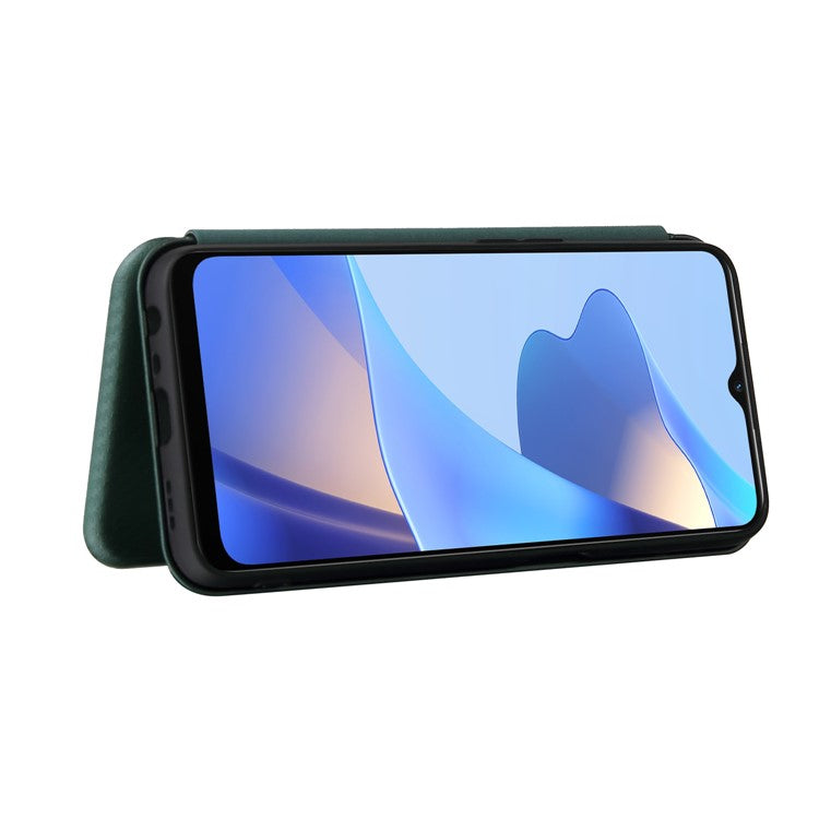Magnetic Carbon Fiber Texture Design PU Leather Case with Card Slots and Ring Strap for Oppo A16/A16s/A54s - Green