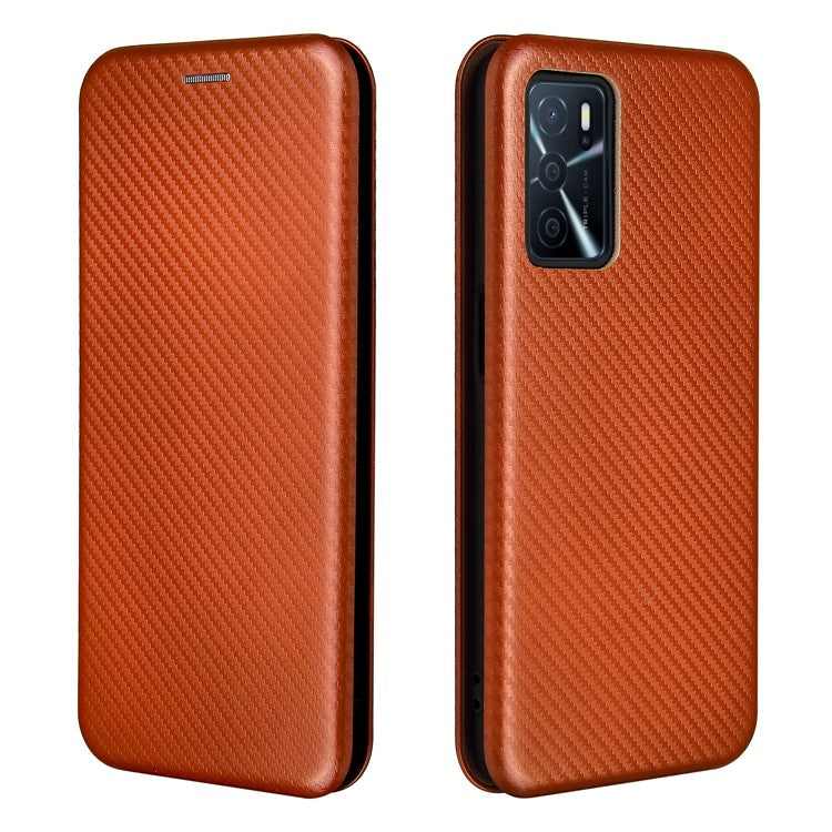 Magnetic Carbon Fiber Texture Design PU Leather Case with Card Slots and Ring Strap for Oppo A16/A16s/A54s - Orange
