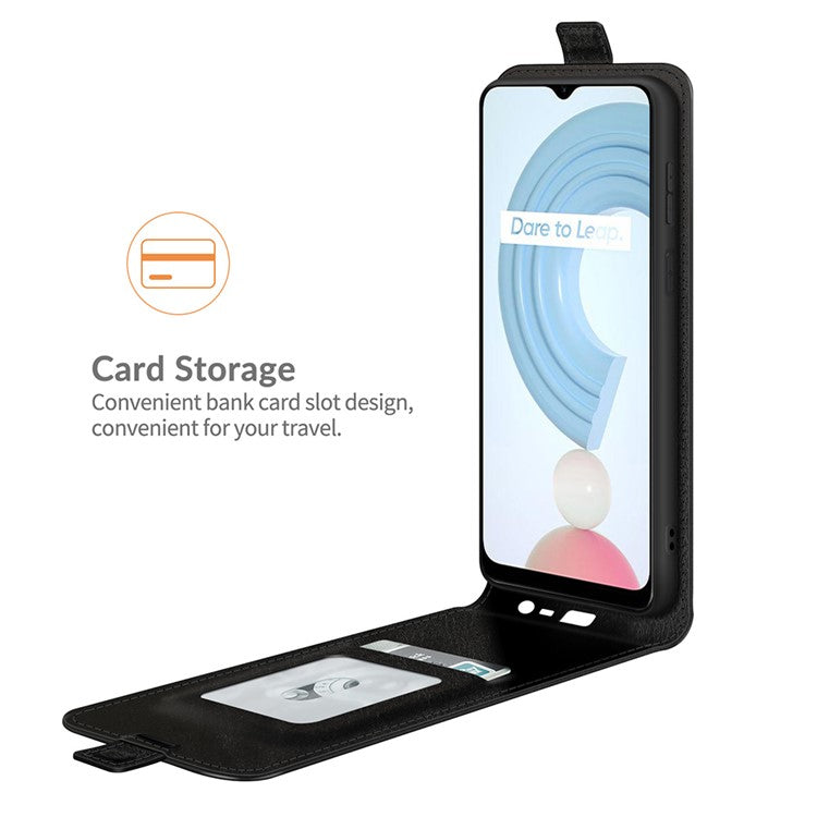 Crazy Horse Skin One Card Holder Design Vertical Flip Leather Case Phone Cover for Realme C21Y - Black