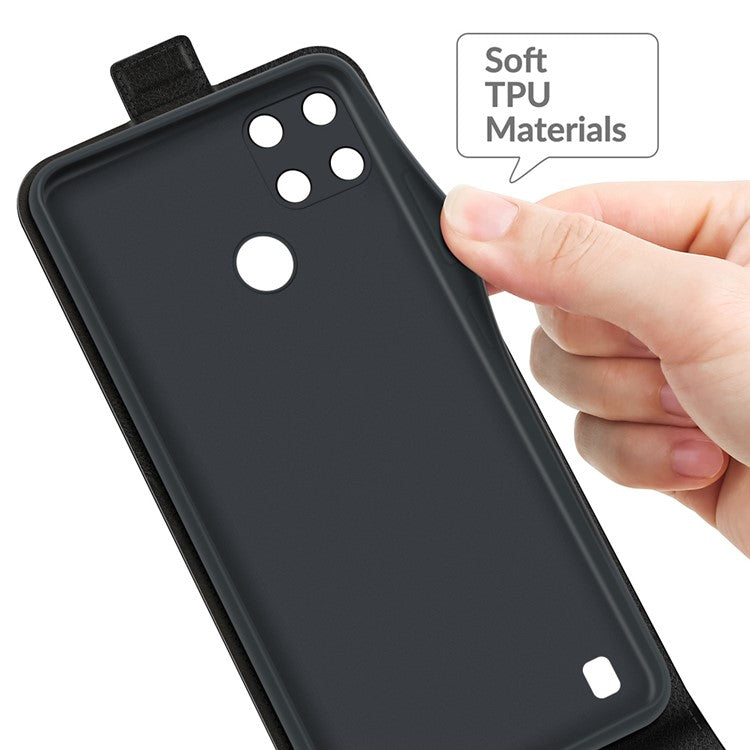 Crazy Horse Skin One Card Holder Design Vertical Flip Leather Case Phone Cover for Realme C21Y - Black