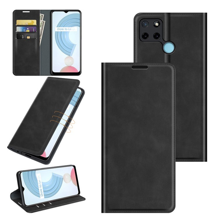Auto-absorbed Skin-touch Feel Wallet Design Leather Cover Stand Case for Realme C21Y - Black