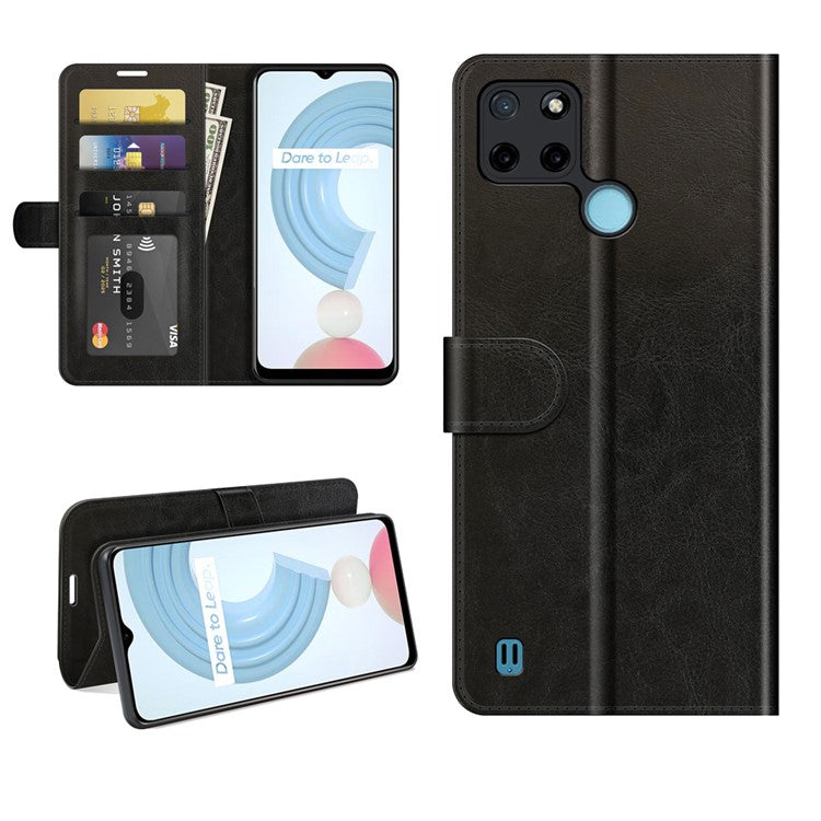 Crazy Horse Texture Folio Flip Leather Wallet Protective Case for Realme C21Y - Black