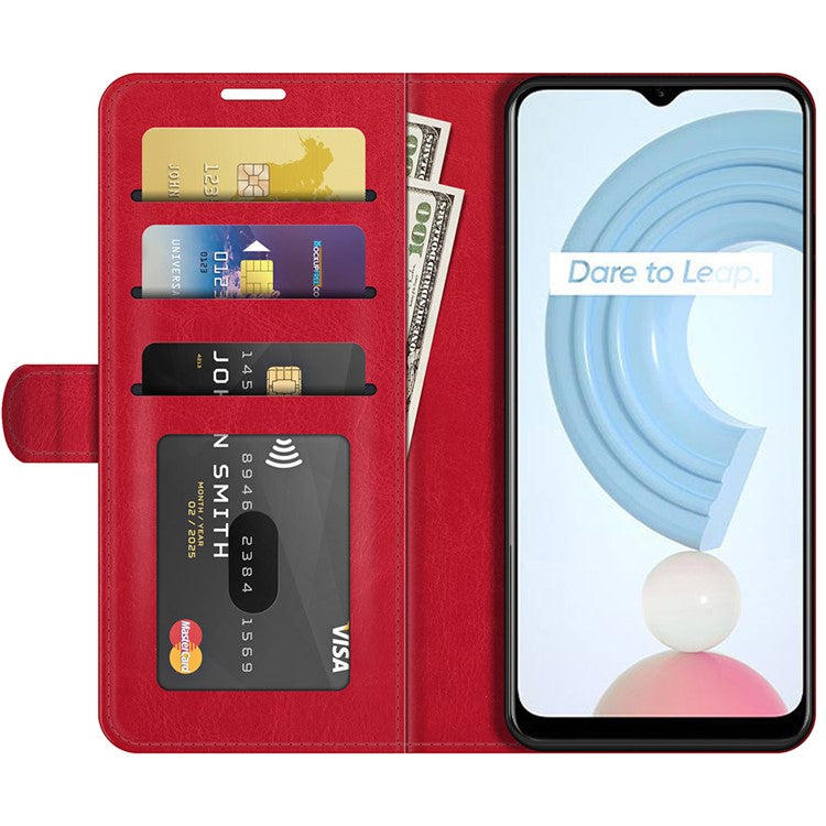 Crazy Horse Texture Folio Flip Leather Wallet Protective Case for Realme C21Y - Red