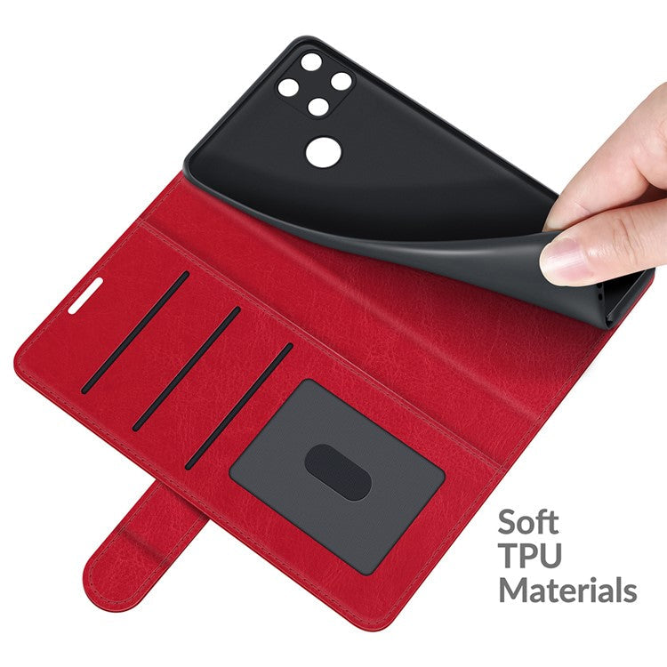 Crazy Horse Texture Folio Flip Leather Wallet Protective Case for Realme C21Y - Red