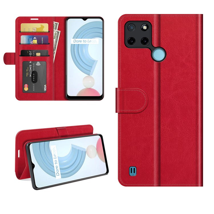 Crazy Horse Texture Folio Flip Leather Wallet Protective Case for Realme C21Y - Red