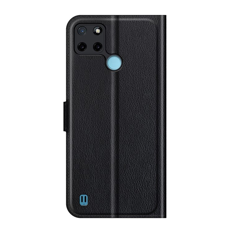 Litchi Skin Folio Flip Cover Leather Wallet Cell Phone Case with Stand for Realme C21Y - Black