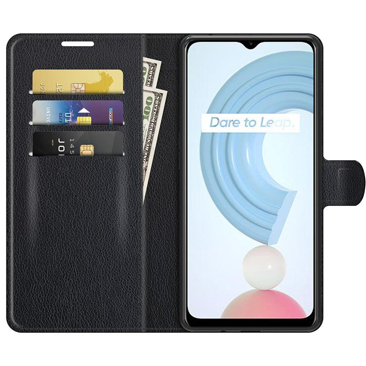 Litchi Skin Folio Flip Cover Leather Wallet Cell Phone Case with Stand for Realme C21Y - Black