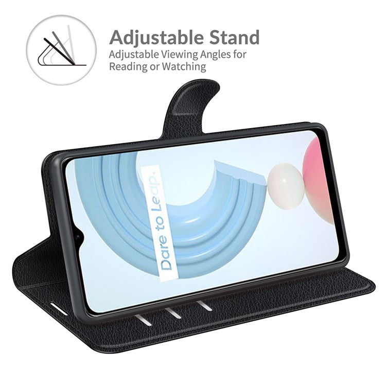 Litchi Skin Folio Flip Cover Leather Wallet Cell Phone Case with Stand for Realme C21Y - Black