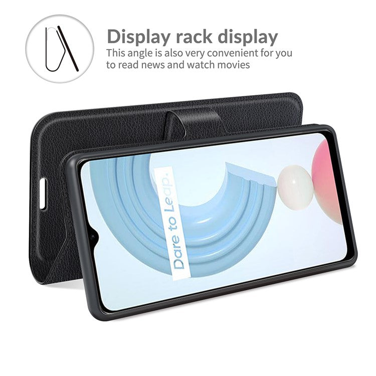 Litchi Skin Folio Flip Cover Leather Wallet Cell Phone Case with Stand for Realme C21Y - Black