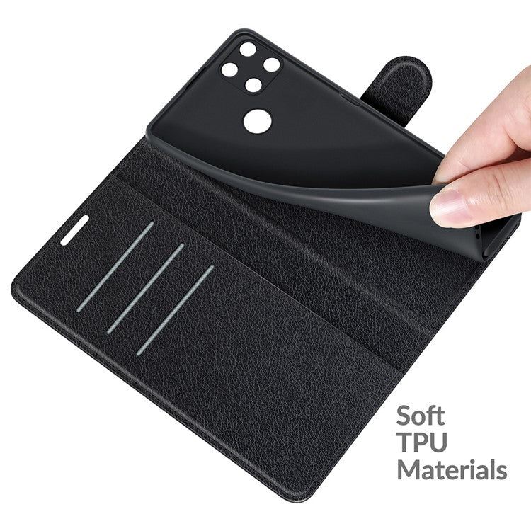 Litchi Skin Folio Flip Cover Leather Wallet Cell Phone Case with Stand for Realme C21Y - Black
