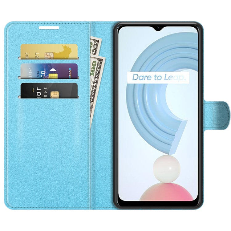 Litchi Skin Folio Flip Cover Leather Wallet Cell Phone Case with Stand for Realme C21Y - Blue