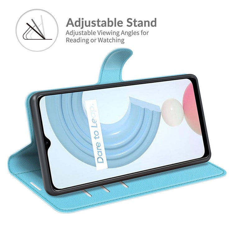 Litchi Skin Folio Flip Cover Leather Wallet Cell Phone Case with Stand for Realme C21Y - Blue