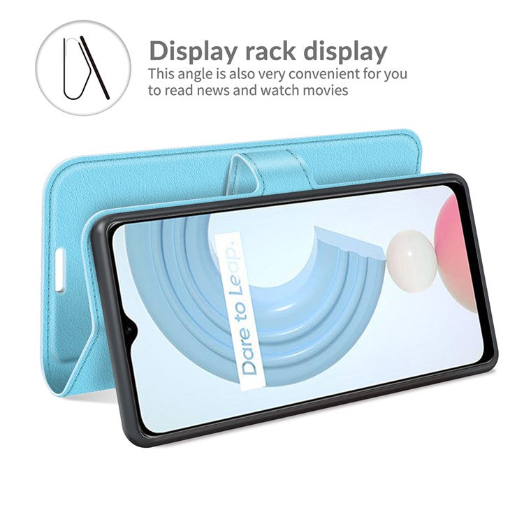 Litchi Skin Folio Flip Cover Leather Wallet Cell Phone Case with Stand for Realme C21Y - Blue