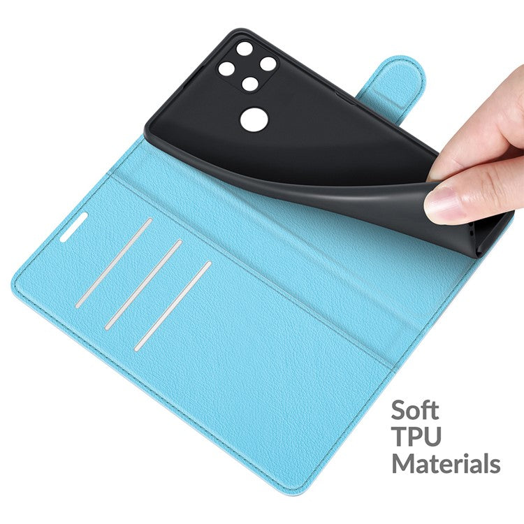 Litchi Skin Folio Flip Cover Leather Wallet Cell Phone Case with Stand for Realme C21Y - Blue
