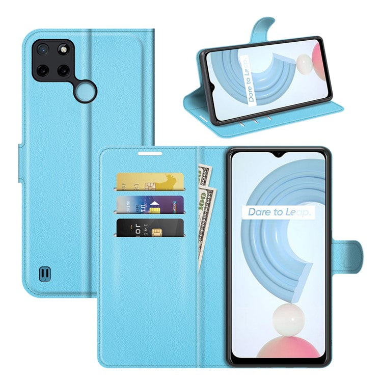 Litchi Skin Folio Flip Cover Leather Wallet Cell Phone Case with Stand for Realme C21Y - Blue