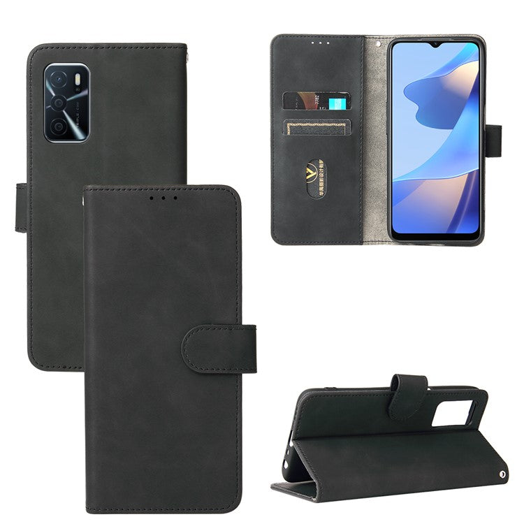 Skin-Touch PU Leather Flip Folio Stand Magnetic Suction Strong Closure Wallet Phone Case for Oppo A16 / A53s 5G / A55 5G - Black