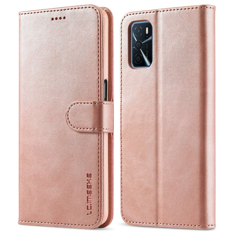LC.IMEEKE Wallet Design Leather Phone Stand Case Protector for Oppo A16/A16s/A54s - Rose Gold