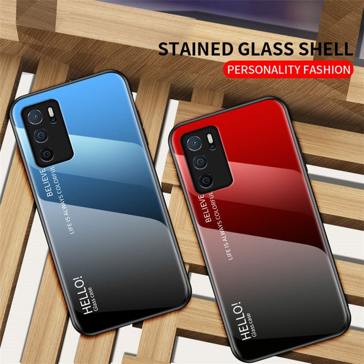 Scratch-Resistant Tempered Glass Gradient Color + TPU Frame Hybrid Slim Case for Oppo A16/A16s/A54s - Gradient Pink Purple