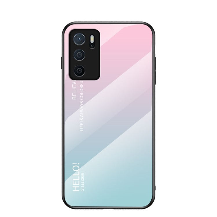 Scratch-Resistant Tempered Glass Gradient Color + TPU Frame Hybrid Slim Case for Oppo A16/A16s/A54s - Gradient Pink Blue