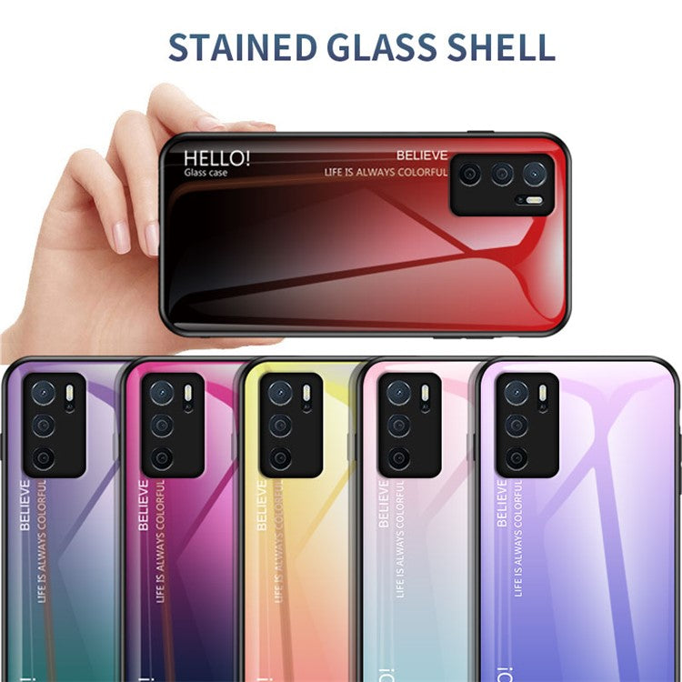 Scratch-Resistant Tempered Glass Gradient Color + TPU Frame Hybrid Slim Case for Oppo A16/A16s/A54s - Gradient Pink Blue