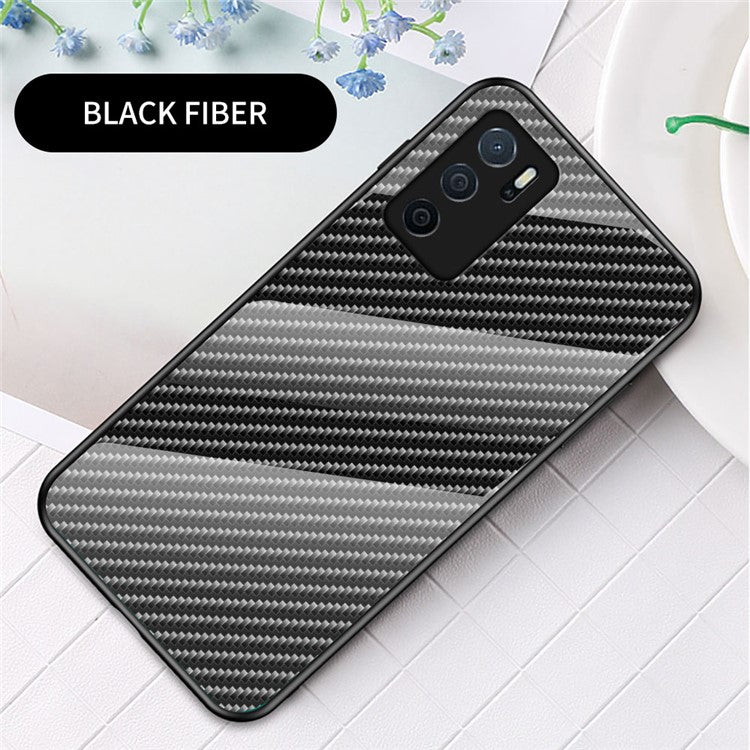 Slim Lightweight Scratch-Resistant Carbon Fiber Texture Luxury Hard Tempered Glass Back Cover Case for Oppo A16/A16s/A54s - Black Fiber